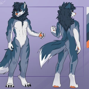 Puede incluir: Una ilustraci&oacute;n digital de un personaje de lobo con pelaje azul y blanco. El lobo se muestra de frente y de espaldas, con un dise&ntilde;o detallado y una paleta de colores.