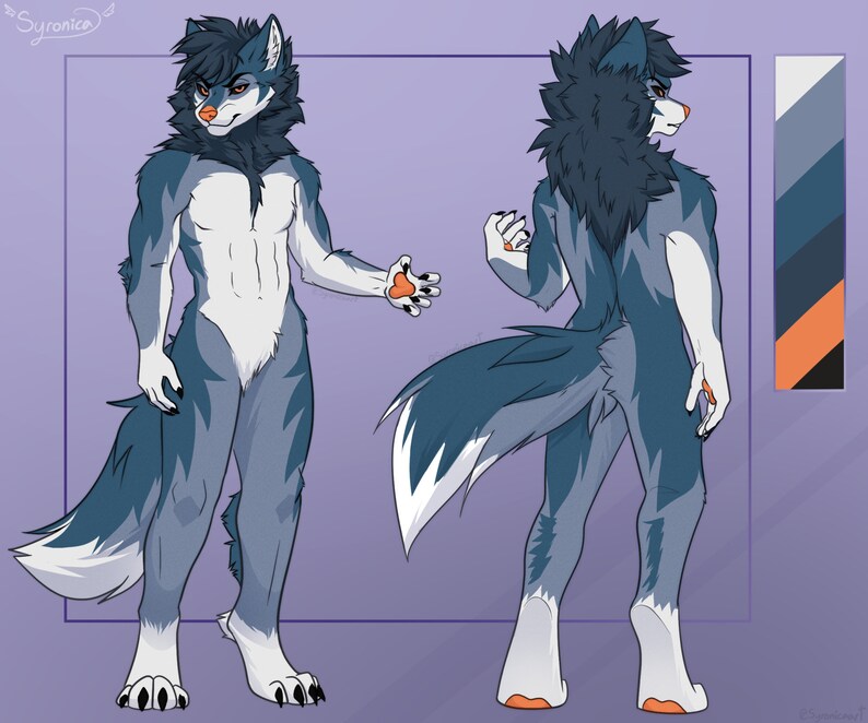Puede incluir: Una ilustraci&oacute;n digital de un personaje de lobo con pelaje azul y blanco. El lobo se muestra de frente y de espaldas, con un dise&ntilde;o detallado y una paleta de colores.