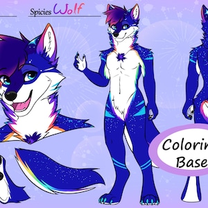May include: Digital artwork of a wolf character named Pyro, with a blue and white color scheme. The image includes a color palette, a paw print, and the text "Coloring Base". The wolf has a star-shaped marking on its chest.