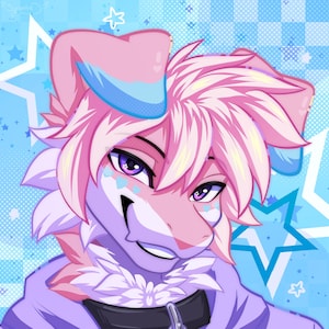 Pode incluir: Ilustração digital de um personagem peludo com pelo rosa e detalhes azuis. O personagem tem olhos roxos, uma coleira preta e uma expressão sorridente. O fundo é azul claro com estrelas brancas.