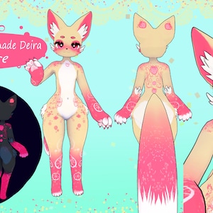 Puede incluir: Una ilustración digital de un personaje de zorro con un esquema de color rosa y amarillo. El personaje tiene un tema de fresa y limonada con detalles como fresas, limones y remolinos. El texto "Strawberry Lemonade Deira Texture" está en la parte superior de la imagen.