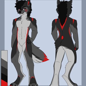 Puede incluir: Una ilustraci&oacute;n digital de un personaje de lobo con un patr&oacute;n de pelaje negro y gris y acentos rojos. El personaje se muestra de frente y de espalda.
