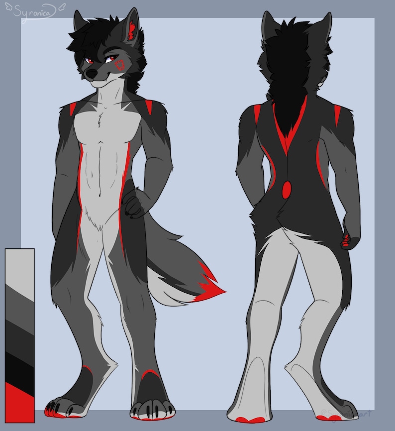 Puede incluir: Una ilustraci&oacute;n digital de un personaje de lobo con un patr&oacute;n de pelaje negro y gris y acentos rojos. El personaje se muestra de frente y de espalda.