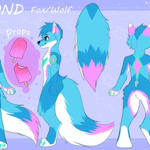 Puede incluir: Una ilustraci&oacute;n digital de un personaje de zorro/lobo azul y rosa llamado Desmond. El personaje se muestra en tres poses: frontal, lateral y posterior. El personaje tiene un dise&ntilde;o verde y blanco en el pecho y una cola rosa y azul. La ilustraci&oacute;n tambi&eacute;n incluye una paleta de colores y una sudadera gris.