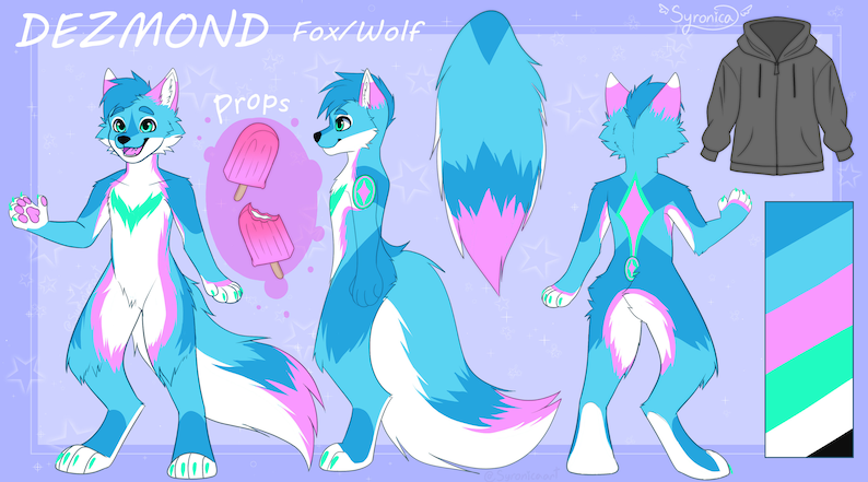 Puede incluir: Una ilustraci&oacute;n digital de un personaje de zorro/lobo azul y rosa llamado Desmond. El personaje se muestra en tres poses: frontal, lateral y posterior. El personaje tiene un dise&ntilde;o verde y blanco en el pecho y una cola rosa y azul. La ilustraci&oacute;n tambi&eacute;n incluye una paleta de colores y una sudadera gris.