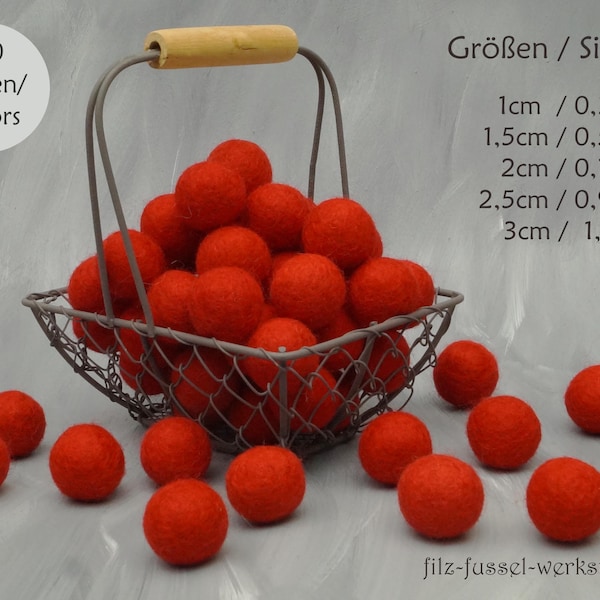 Filzkugeln, glutrot, 1 - 5cm, 100%Wolle (Filzwolle), Filzperlen, zum Basteln, DIY, Filz Pom Pom, 1cm, 1,5cm, 2cm, 2,5cm, 3cm, 4cm, 5cm