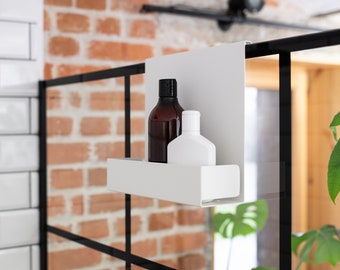 White bathroom shelf hanging on the shower glass bathroom caddy modern shower shelf cosmetics storage shower floating shower shelf