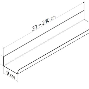 May include: A black metal shelf with dimensions of 30 inches by 240 inches. The shelf is 5 inches tall and 9 inches wide.