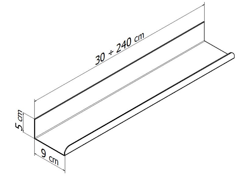 May include: A black metal shelf with dimensions of 30 inches by 240 inches. The shelf is 5 inches tall and 9 inches wide.