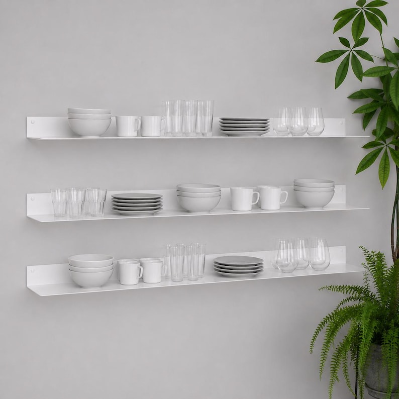 Long white metal floating wall shelf