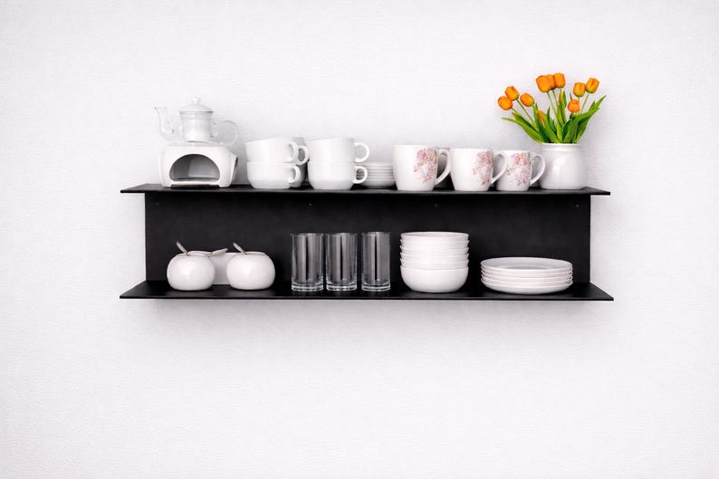 Metallische schwebende Küchenregale, moderne wandmontierte Schwerlastregale Black matt