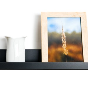 Modern floating metal picture ledge made of 1.5 mm cold-rolled steel, with rounded corners and front lip. Ideal for framed photos, art prints, books, spices or decor. Powder-coated in black, black matt, white, white matt, or brushed stainless steel for industrial, minimalist, or Scandinavian interiors. Wall-mounted with hidden hardware. Available in custom RAL colors and lengths up to 240 cm.