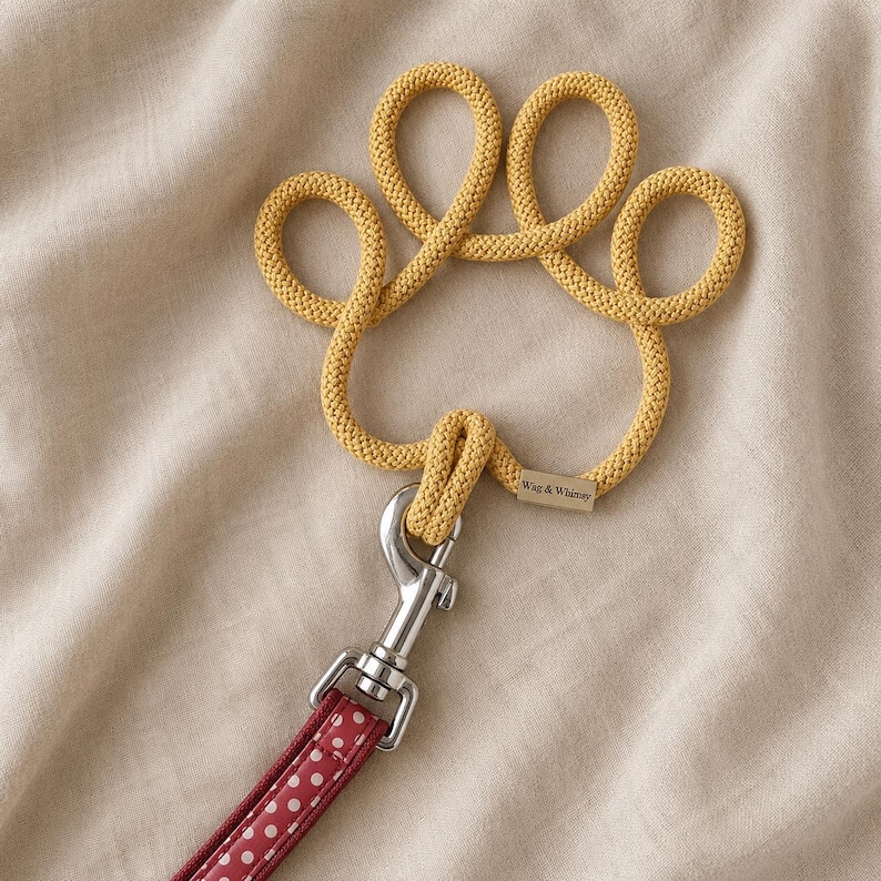 May include: A yellow rope dog leash shaped like a paw print. The leash has a silver clasp and a red and white polka dot patterned handle. The label reads "Wag & Whimsy".
