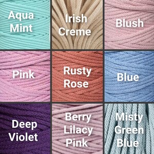 May include: A color palette featuring nine different shades of cord. The colors include Aqua Mint, Irish Creme, Blush, Pink, Rusty Rose, Blue, Deep Violet, Berry Lilacy Pink, and Misty Green Blue. Each color is labeled with its name in white text.