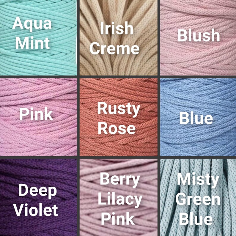 May include: A color palette featuring nine different shades of cord. The colors include Aqua Mint, Irish Creme, Blush, Pink, Rusty Rose, Blue, Deep Violet, Berry Lilacy Pink, and Misty Green Blue. Each color is labeled with its name in white text.