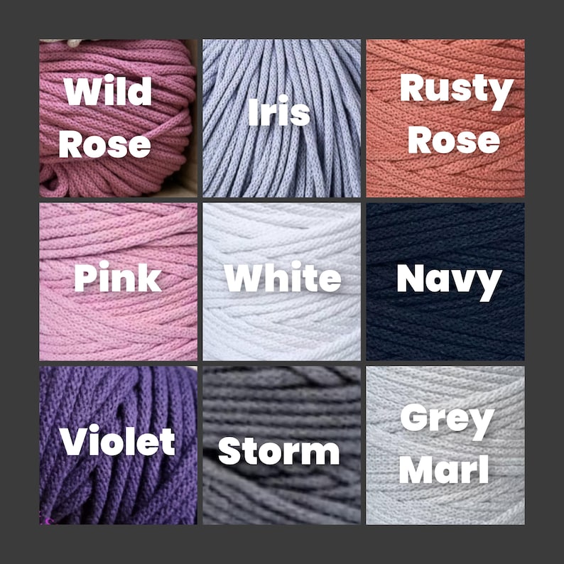 colour chart 2. wild Rose, iris, rusty rose, pink, white, navy, violet, storm, grey marl.