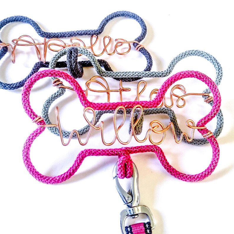 close up of A pink  dog leash hook, in bright pink, with a the name Willow in copper wire.