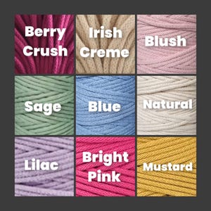 colour chart 1. Berry Crush, Irish Creme, blush, sage, blue, natural, lilac, bright pink, mustard