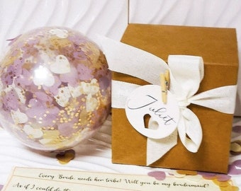 Will you be my bridesmaid proposal balloon pop me Balloon in a box. Flower girl, maid of honor, page boy, ring bearer, usher,