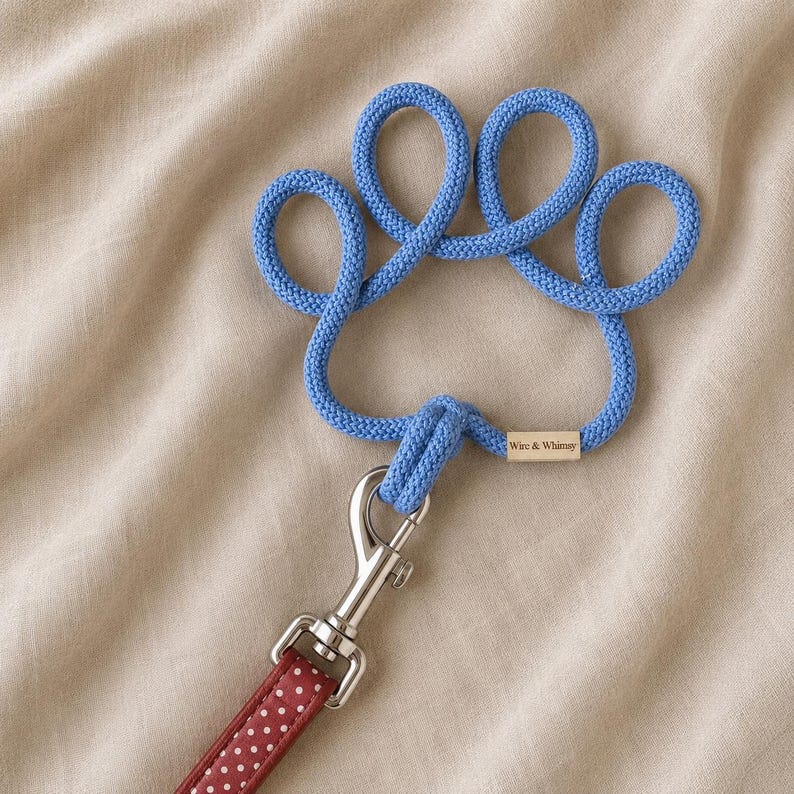 May include: A blue rope dog leash in the shape of a paw print. The leash has a silver metal clasp and a red and white polka dot handle. The tag reads "Wire & Whimsy".