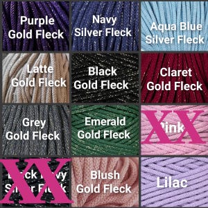 May include: A color chart featuring various shades of cord, each labeled with its color name and metallic fleck type. Colors include purple with gold fleck, navy with silver fleck, aqua blue with silver fleck, latte with gold fleck, black with gold fleck, claret with gold fleck, grey with gold fleck, emerald with gold fleck, blush with gold fleck, and lilac.