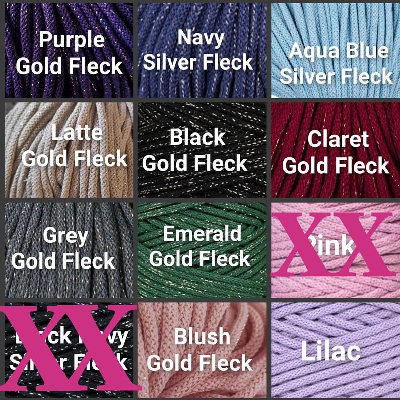 May include: A color chart featuring various shades of cord, each labeled with its color name and metallic fleck type. Colors include purple with gold fleck, navy with silver fleck, aqua blue with silver fleck, latte with gold fleck, black with gold fleck, claret with gold fleck, grey with gold fleck, emerald with gold fleck, blush with gold fleck, and lilac.