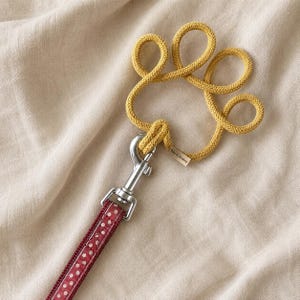 May include: A dog leash with a red and white polka dot pattern. The leash connects to a yellow rope paw print design with a silver metal clasp. The paw print has a small tag that reads "Wife & Whimsy".