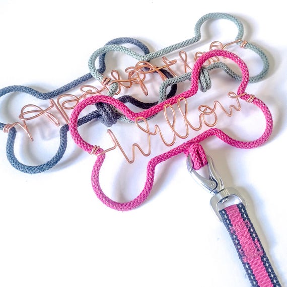 Personalised Knitted Wire dog lead hook. Strong wire Bone shaped, Pet Leash Hanger