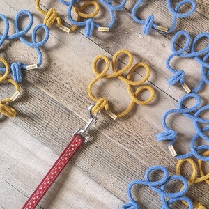 May include: A red polka-dot dog leash with a silver clasp is attached to a yellow rope dog toy. Several blue and yellow rope toys are scattered on a wooden surface. Each toy has a small wooden tag.
