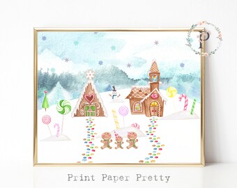 Printable 8X10 Gingerbread House Wall Art Print Holiday Decor Watercolor Winter Scene Christmas Candyland Instant Digital Download