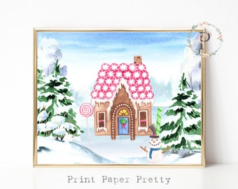 Printable 8X10 Gingerbread House Wall Art Print Holiday Decor Watercolor Winter Scene Christmas Candyland Instant Digital Download