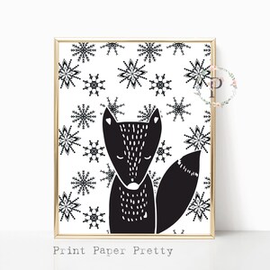 Printable 8X10 Fox Snowflake Wall Art Print Scandinavian Christmas Black and White Holiday Picture Modern Decor Instant Digital Download