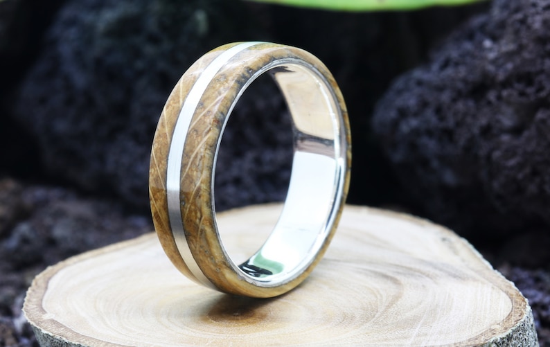 Whiskey Barrel /& Silver wood inlay wedding band ring