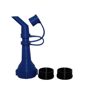 May include: Blue plastic fuel nozzle with a spout and a cap. Two black caps are also included.