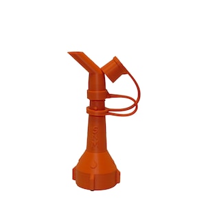 May include: Orange plastic fuel nozzle with a spout and a locking mechanism. The nozzle has a small handle and a large base.