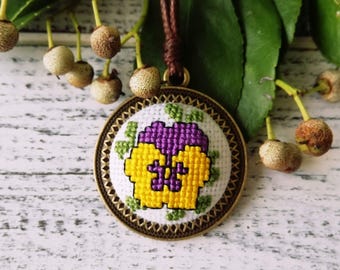Embroidered Necklace, Rustic necklace, textile pendant, bijou, cross stitch necklace, violet necklace, violet design, anniversary gift