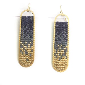 Freya - Elongated Flat Oval Bead Woven Earrings,  bead woven ombre earrings, Brass oval Earrings, navy blue gold