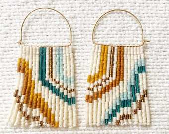 Beaded fringe semicircle hoop earrings. Retro stripes asymmetrical fringe, statement earrings, gift for her.