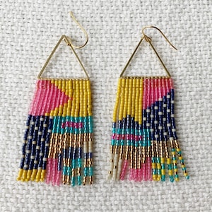 Val - Modern Geometric beaded earrings, bead woven fringe earrings, patchwork quilt motif earrings, statement earrings