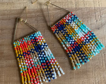 Beaded plaid fringe earrings, beaded statement earrings, brass dangly triangle fringe earrings, beaded gingham earrings, plaid jewelry