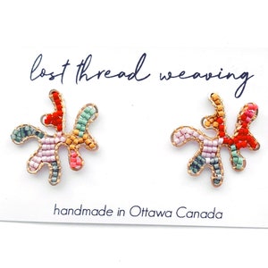 Hand beaded squiggle rainbow studs, bead woven splatter studs, statement earrings, Beaded coral earrings