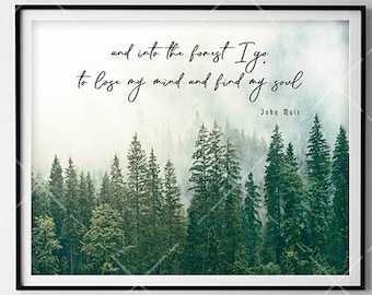 May include: A framed print with a quote by John Muir: "and into the forest I go, to lose my mind and find my soul." The print features a photograph of a lush green forest with fog.