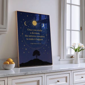 Once You Make a Decision Universe Conspires Quote Print Tree Hilltop Starry Night Emerson Wall Art Inspirational Nature Celestial Poster