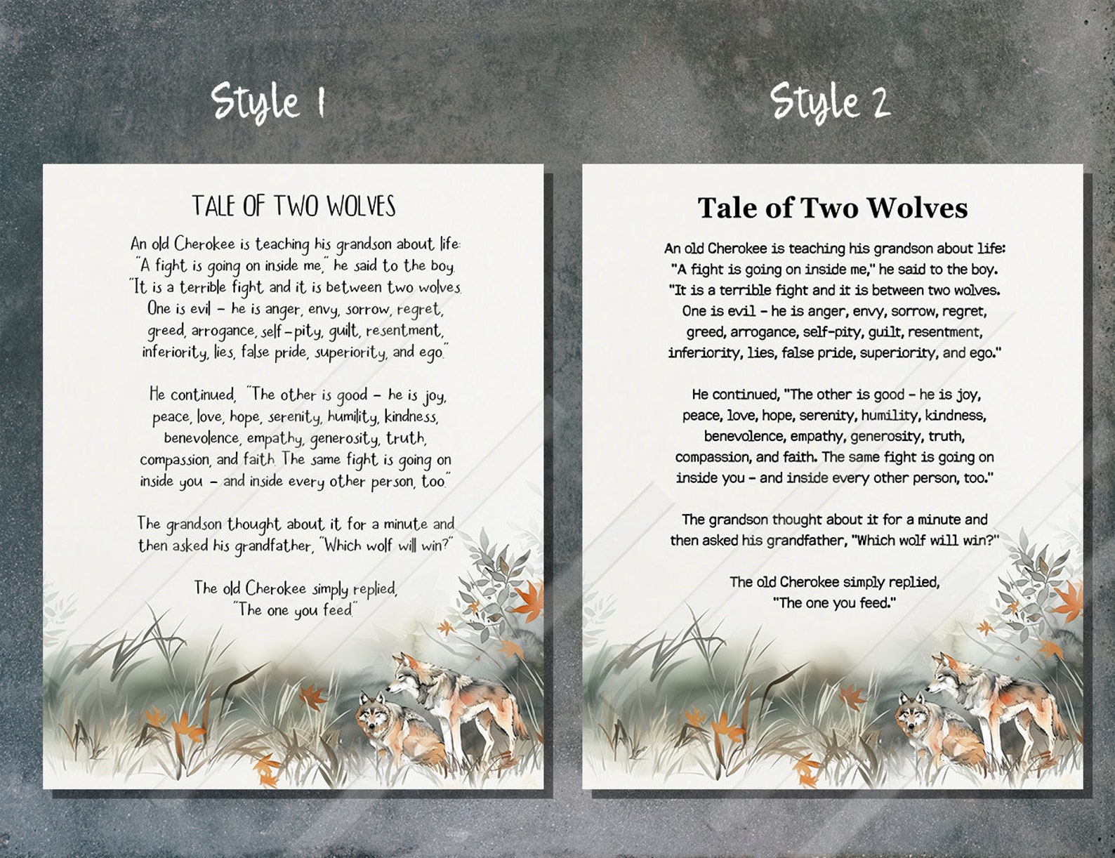 Parable Of Two Wolves The Tale of Two Wolves Inspirational Poster - Cherokee Wisdom Wall Art ...