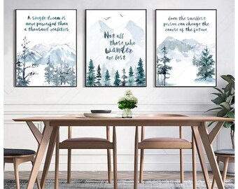 Láminas con citas inspiradoras: Juego de 3 láminas de acuarela con motivos de montañas