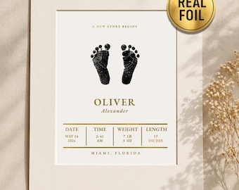 Baby Footprint Keepsake Personalized Nursery Print Foil Birth Stats Baby Gift