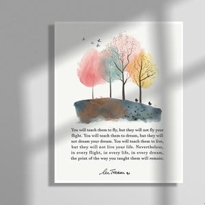 May include: A watercolor painting of four trees with a quote about teaching and learning. The quote reads: "You will teach them to fly, but they will not fly your flight. You will teach them to dream, but they will not dream your dream. You will teach them to live, but they will not live your life. Nevertheless, in every flight, in every life, in every dream, the print of the way you taught them will remain." The quote is signed "Lee Teressa."