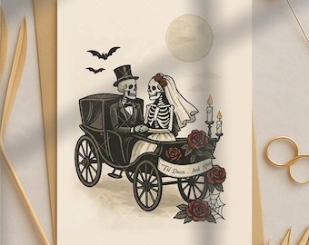 Gothic Wedding Card: Skeleton Bride & Groom, Spooky Anniversary Card