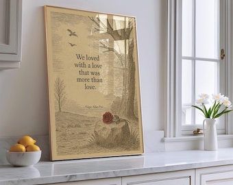 Lámina con cita de Edgar Allan Poe / Ilustración de rosa gótica, decoración romántica