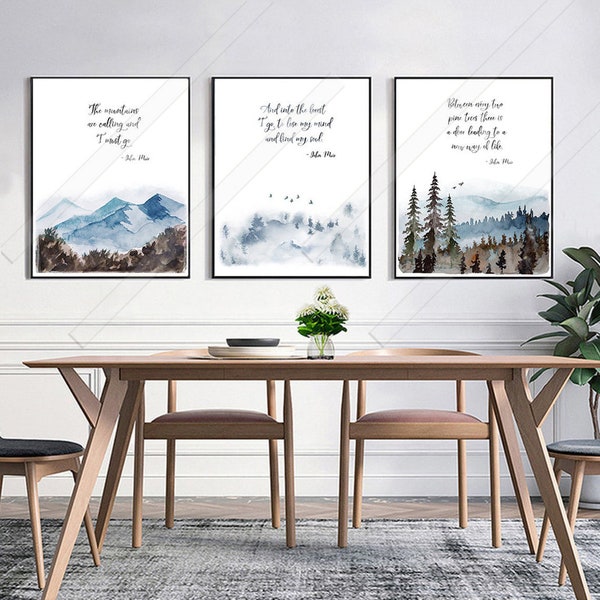 John Muir Quote Art Prints: Watercolor Mountain Forest Set